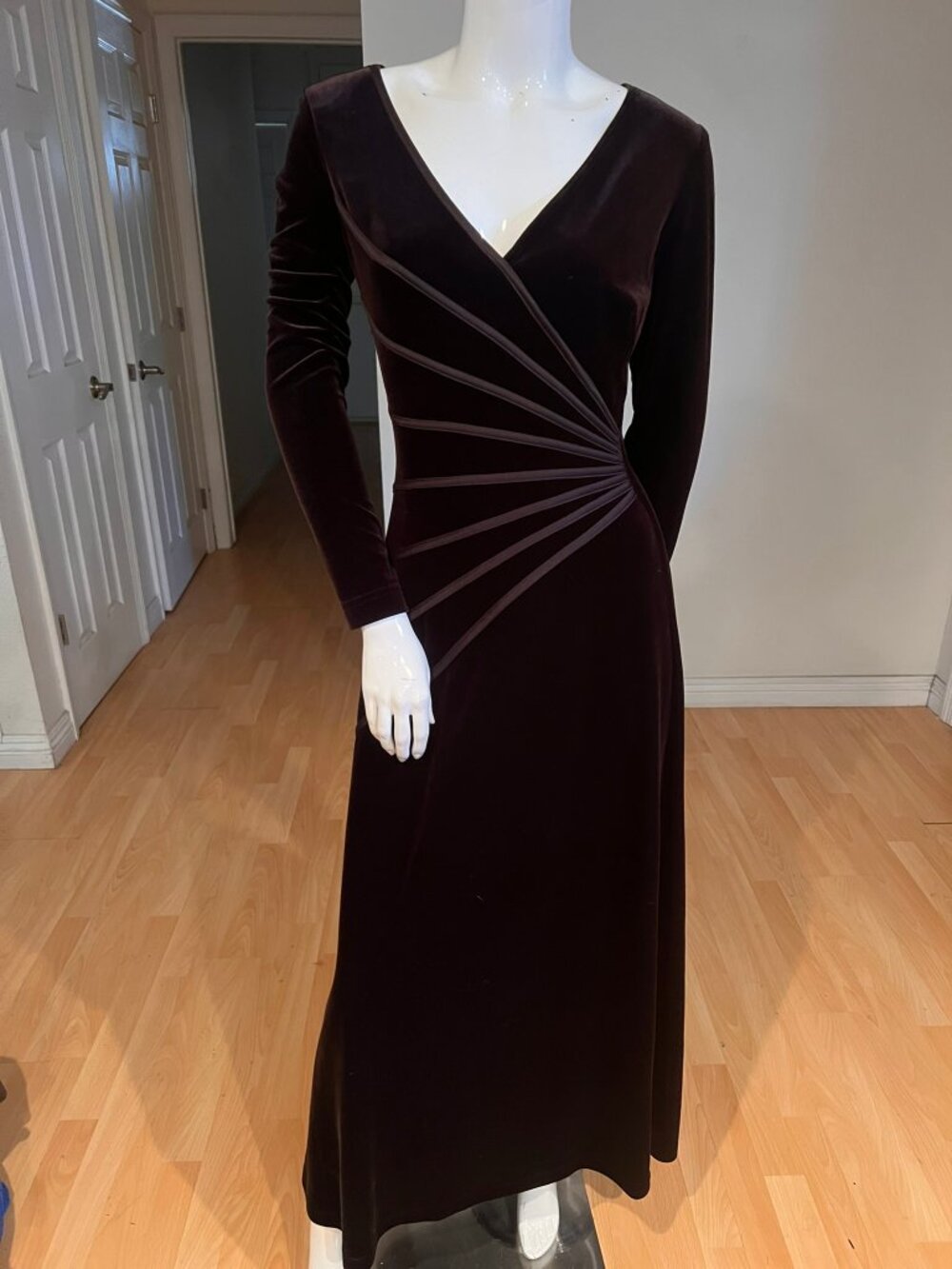 VINTAGE 90s TADASHI VELVET MAXI DRESS RUCHED WAIST GOWN FORMAL MINIMALIST SZ MED